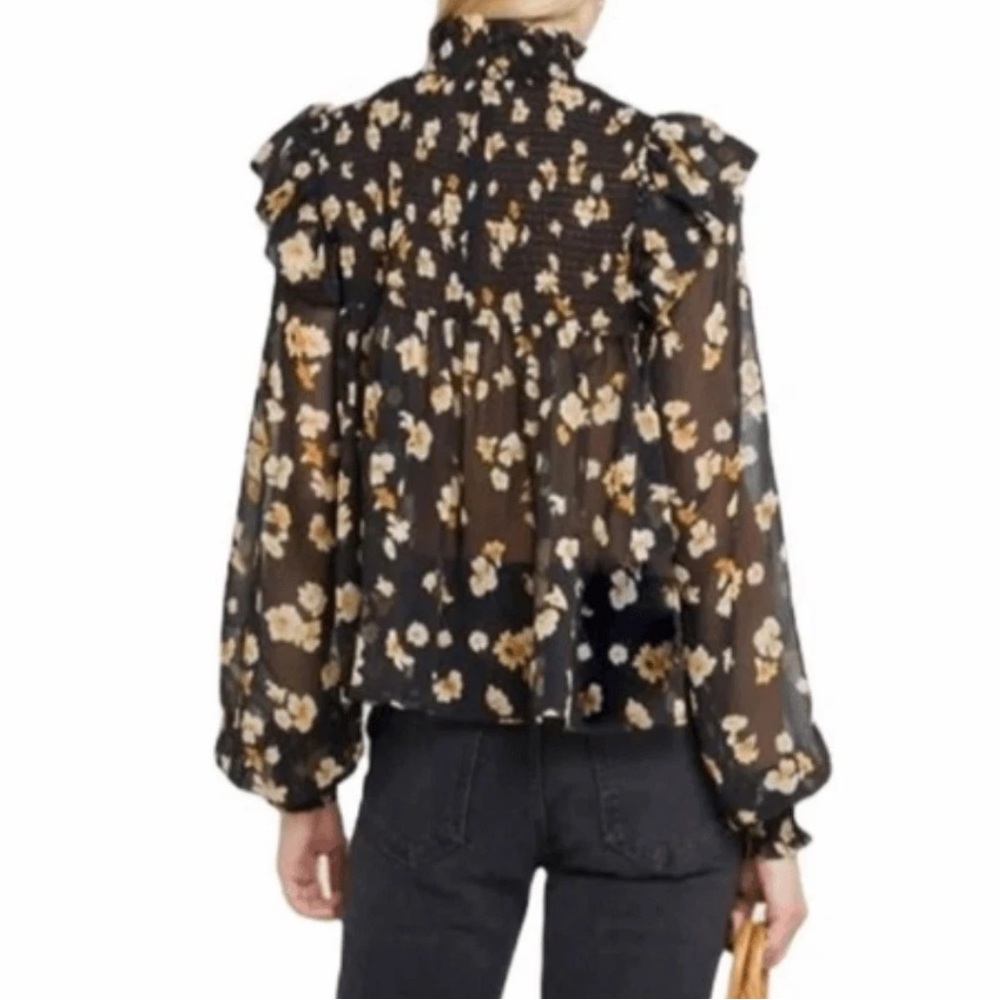 Elegant Floral Black and Yellow Ruffled Puff Sleeve Blouse - Picture 2 of 9